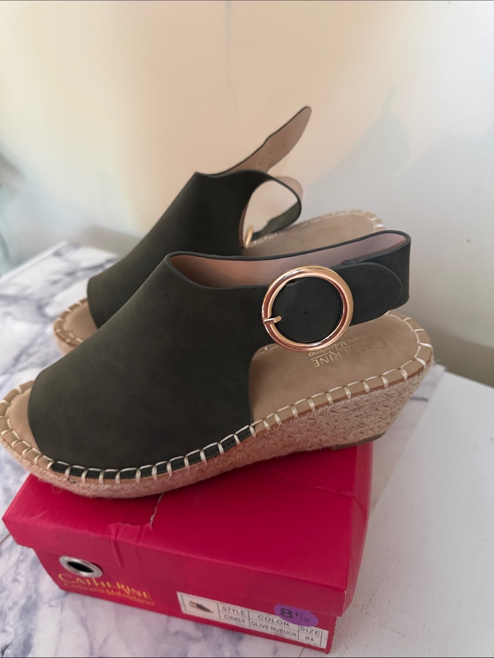 Catherine Malandrino Olive Green Open-Toe Espadrille Sandals with Gold Buckle - Picture 4 of 6